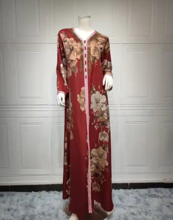 Long Sleeve Dresses For Women, Dark Red Color Embroidery Kaftan Online